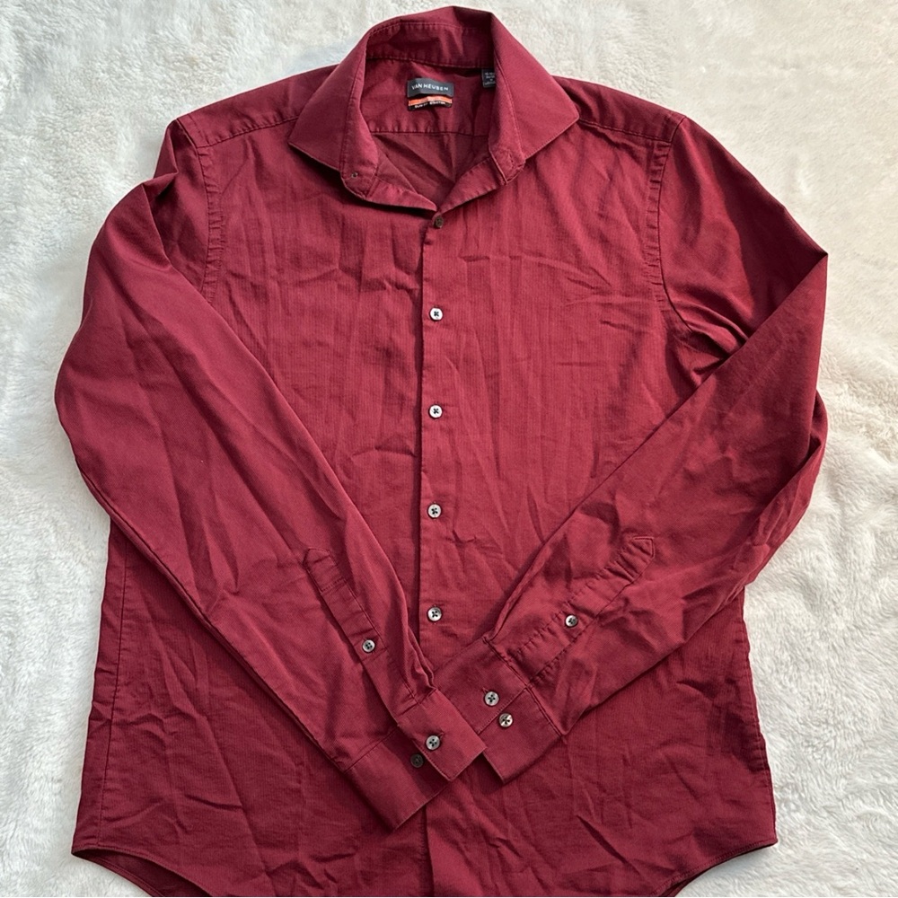 Van Heusen Dress Shirt Mens 15.5 34/35 Red L/S Slim‎ Wrinkle Free Button Up